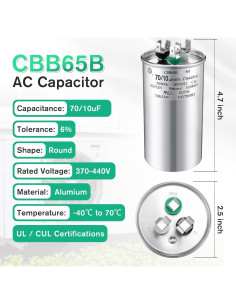 Capacitor CBB65 70+10 uF 370/440V Fiada para Motor de AC 2