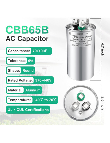 Capacitor CBB65 70+10 uF 370/440V Fiada para Motor de AC