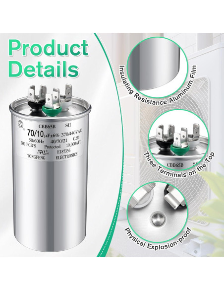 Capacitor CBB65 70+10 uF 370/440V Fiada para Motor de AC