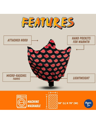 Manta con Capucha Naruto Akatsuki Franco 127x178 cm Suave