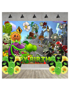 Fondo de Fiesta de Cumpleaños PVZ 150 x 100 cm + 18 Globos