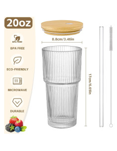 Taza de Vidrio Estriado 20oz AFINSEA con Tapa y Popote 2