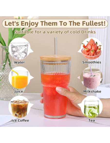 Taza de Vidrio Estriado 20oz AFINSEA con Tapa y Popote