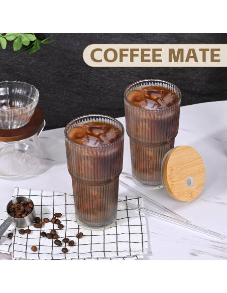 Taza de Vidrio Estriado 20oz AFINSEA con Tapa y Popote