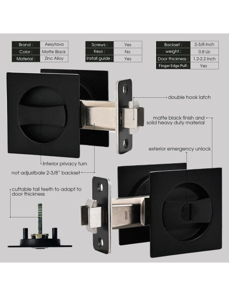 Cerradura de puerta corredera Aesytava negra mate 6.03 cm