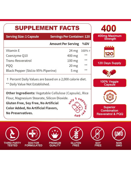 ZEBORA CoQ10 400mg con Resveratrol y Vitamina E - 120 Cápsulas
