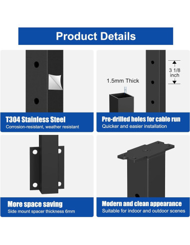 Poste de Montaje Lateral BLIKA 91 cm Acero Inoxidable Negro