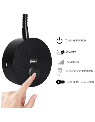 Luz de Lectura LED Rayefo Regulable con Cargador USB Negro