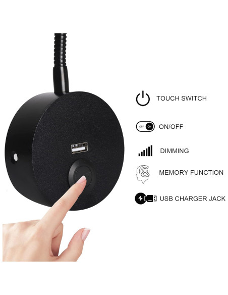 Luz de Lectura LED Rayefo Regulable con Cargador USB Negro