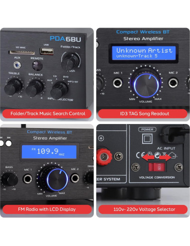 Amplificador Bluetooth Pyle PDA6BU 200W Doble Canal con USB y AUX