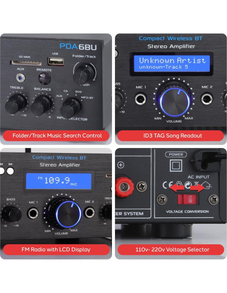 Amplificador Bluetooth Pyle PDA6BU 200W Doble Canal con USB y AUX