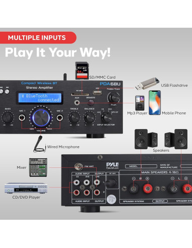 Amplificador Bluetooth Pyle PDA6BU 200W Doble Canal con USB y AUX