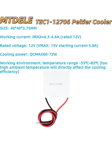 Módulo Enfriador Peltier MTDELE TEC1-12706 12V 60W 40x40mm