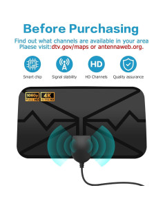 Antena de TV Interior YAODHAOD 360 km 4K 1080p Amplificada 2