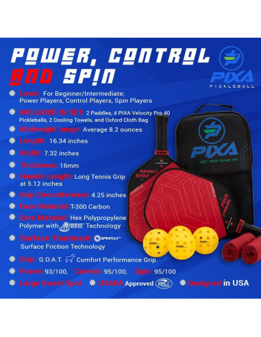 Conjunto de 2 Palas de Pickleball PIXA Fireblade 16mm con 4 Pelotas