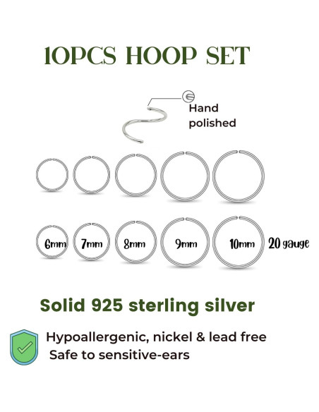 Juego de 10 Aros de Nariz Plata Esterlina 925 Hipoalergénicos