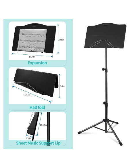 Atril de Música Plegable Portátil con Clip y Sujetapáginas