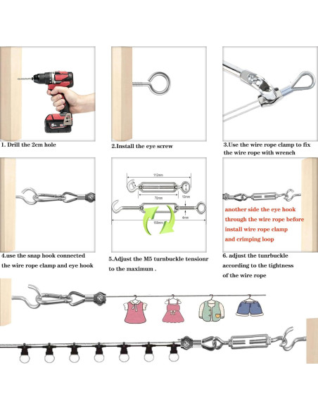 Kit de Colgado de Luces de Cuerda 50M GZFTM Cable Acero Inoxidable Kit de Colgado de Luces de Cuerda 50M GZFTM Cable Acero Inoxidable