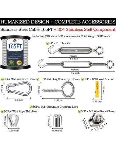 Kit de Colgado de Luces de Cuerda 50M GZFTM Cable Acero Inoxidable