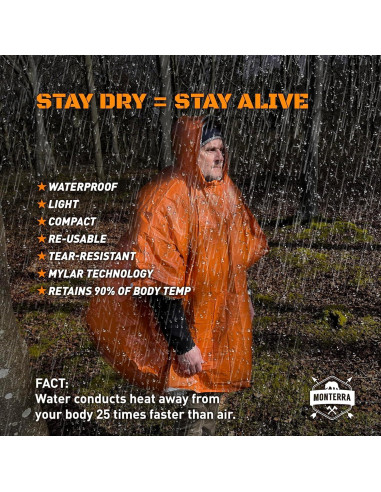 Poncho de Supervivencia Monterra Mylar Impermeable 2 Pcs