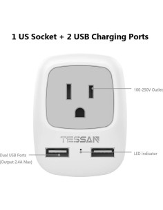 Adaptador de corriente TESSAN tipo L para Italia y Chile, 2 puertos USB 2