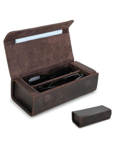 Estuche de Gafas de Viaje de Cuero Genuino Marrón 2 Ranuras