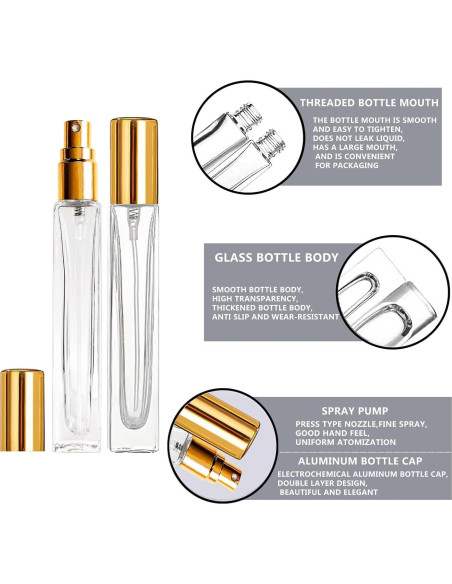 8 Botellas de Spray de Vidrio AGENIZ 10ml Reutilizables Oro