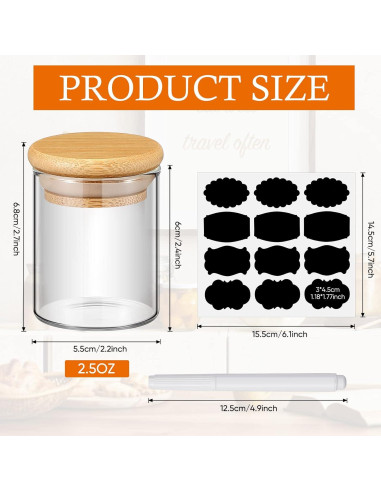 Tarros de Especias de Vidrio Roshtia 12 Pcs con Tapas de Bambú
