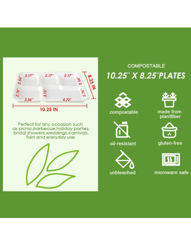 Platos Compostables Vplus 125 Unidades 5 Compartimentos 26x21 cm