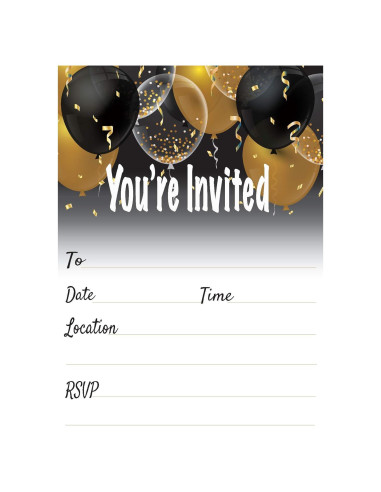 Conjunto de 25 Invitaciones Globos Negros y Dorados QualityVibe
