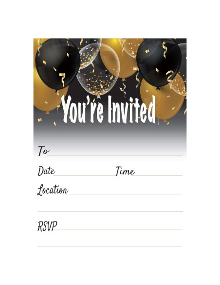 Conjunto de 25 Invitaciones Globos Negros y Dorados QualityVibe