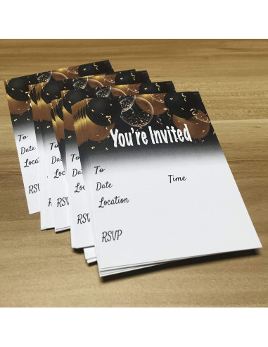 Conjunto de 25 Invitaciones Globos Negros y Dorados QualityVibe