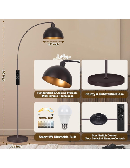 Lámpara de Pie Arco Regulable VenzBlomia 70" Bronce LED 9W