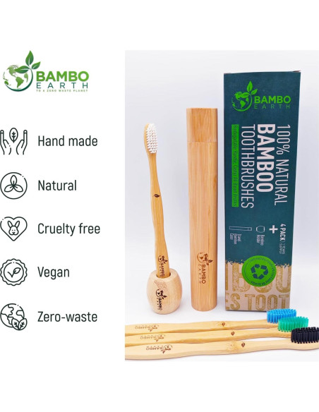 Set de 4 Cepillos de Dientes de Bambú BAMBOEARTH - Ecológicos y Biodegradables
