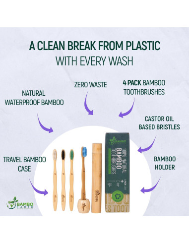 Set de 4 Cepillos de Dientes de Bambú BAMBOEARTH - Ecológicos y Biodegradables