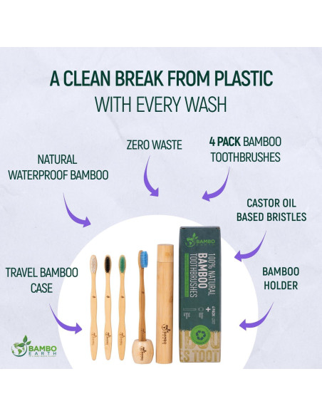 Set de 4 Cepillos de Dientes de Bambú BAMBOEARTH - Ecológicos y Biodegradables
