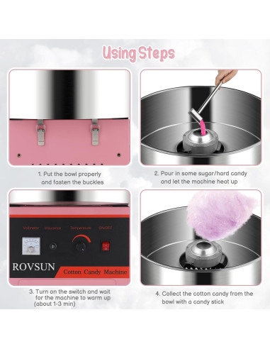 Máquina de Algodón de Azúcar 980W Rosa con Tazón 53 cm