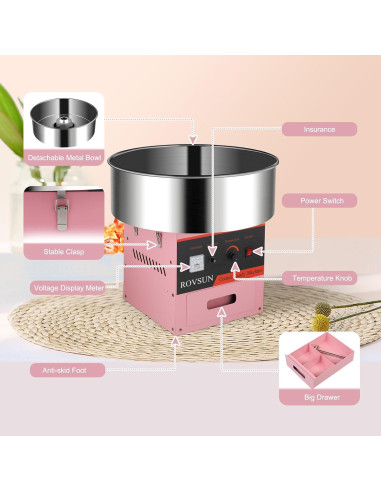 Máquina de Algodón de Azúcar 980W Rosa con Tazón 53 cm