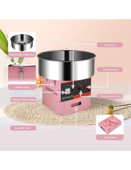 Máquina de Algodón de Azúcar 980W Rosa con Tazón 53 cm