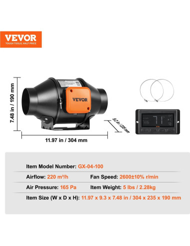 Ventilador de Conducto VEVOR 4" 205 CFM Silencioso con Controlador