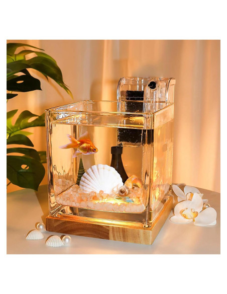Kit Acuario de Vidrio SARUFO 3.06L con Base de Madera y Luz LED