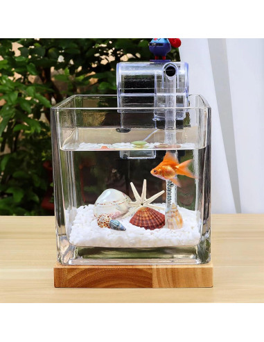 Kit Acuario de Vidrio SARUFO 3.06L con Base de Madera y Luz LED