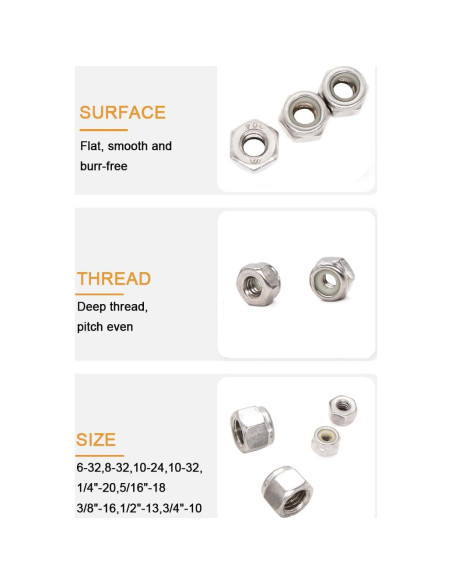 Tuercas de Bloqueo de Nylon 6-32 binifiMux 100 Piezas Acero Inoxidable