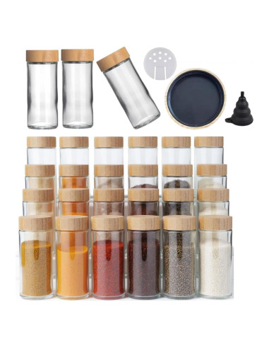 24 Tarros de Especias de Vidrio 120ml con Tapas de Bambú