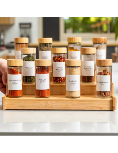24 Tarros de Especias de Vidrio 120ml con Tapas de Bambú
