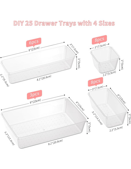 25 PCS Organizadores de Cajones Lulltou Transparentes Antideslizantes