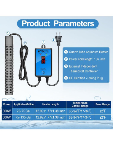 Calentador de Acuario HiTauing 300W para 151-284 Litros