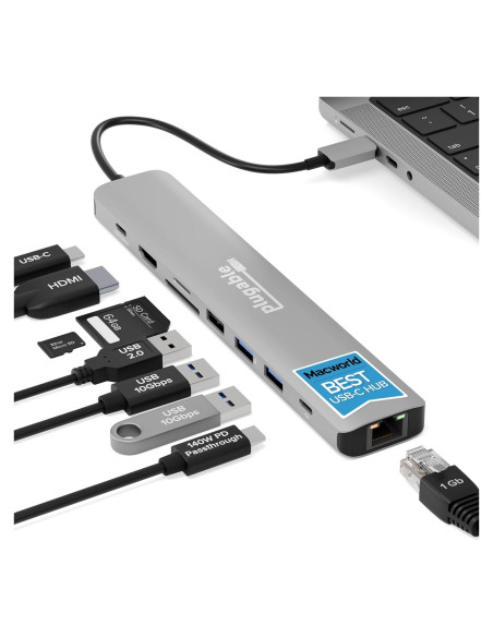 Adaptador Multiport USB-C Plugable USBC-9IN1E 140W HDMI 4K