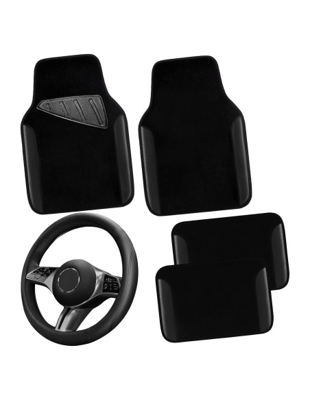 Combo Funda de Volante y Alfombrillas CAR PASS Negro 14.5-15"
