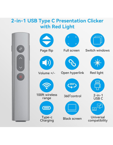 Clicker de Presentación PPTSLID 2 en 1 USB C/A Luz Roja
